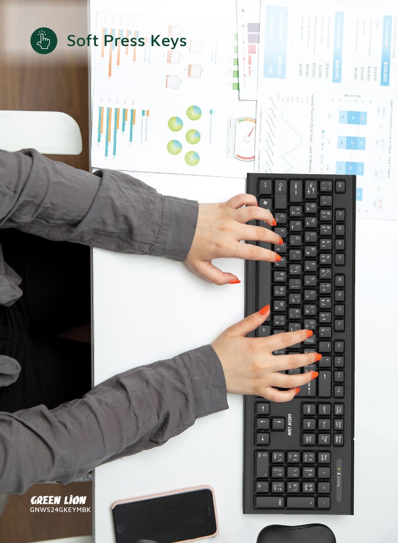 جرين ليون لوحة مفاتيح وماوس لاسلكيان بمسافة تشغيل 10 أمتار وجهاز استقبال USB Nano بتردد 2.4 جيجاهرتز / مصمم لأجهزة Android وWindows وMacOS / 1200 نقطة في البوصة / نوع مربع وماوس ABS لاسلكي - أسود - Image 3